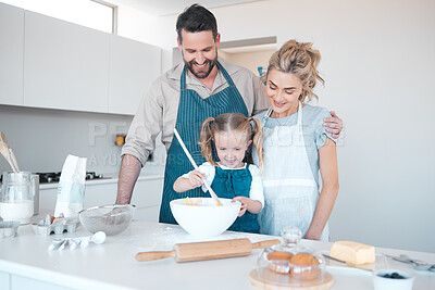 Buy stock photo Kitchen baking, family and teaching kid cooking, happy and help prepare butter, flour or food ingredients. Parents, love and people or mom bonding with dad, daughter and support with care at home