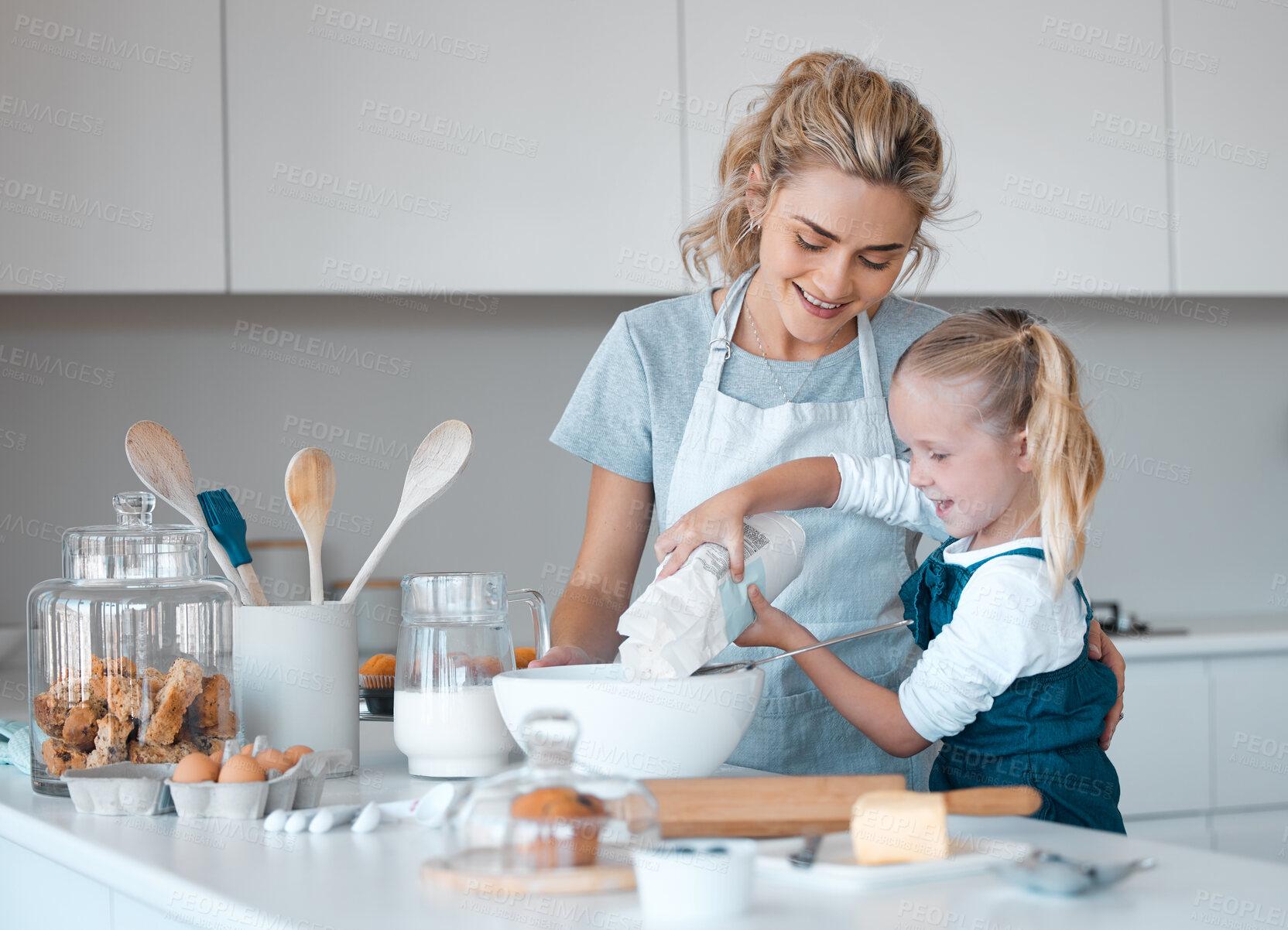 Buy stock photo Kitchen baking, mother and teaching kid cooking, happy and help prepare egg, flour or food ingredients. Mama, love and family fun or woman bonding with daughter, child development support and care