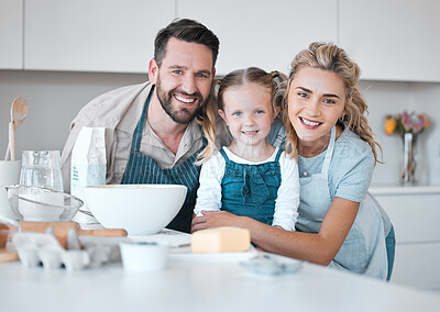 Buy stock photo Kitchen baking, family portrait and girl cooking, happy and help prepare milk, flour or food ingredients. Parents, love and fun or mother bonding with father, daughter development, support and home