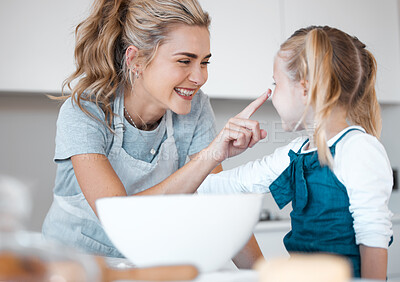 Buy stock photo Kitchen baking, mother and cheerful kid cooking, happy and help prepare butter, flour or food ingredients. Mama, love and family fun or woman bonding with daughter, child development support and home