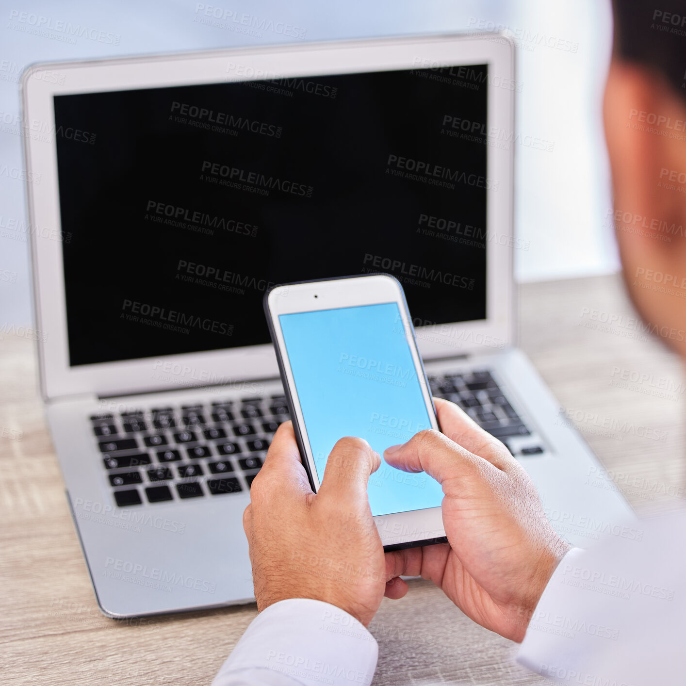 Buy stock photo Businessman, hands and phone with mockup screen for social media, communication or networking at the office. Hand of man employee typing or texting on mobile smartphone mock up display at workplace