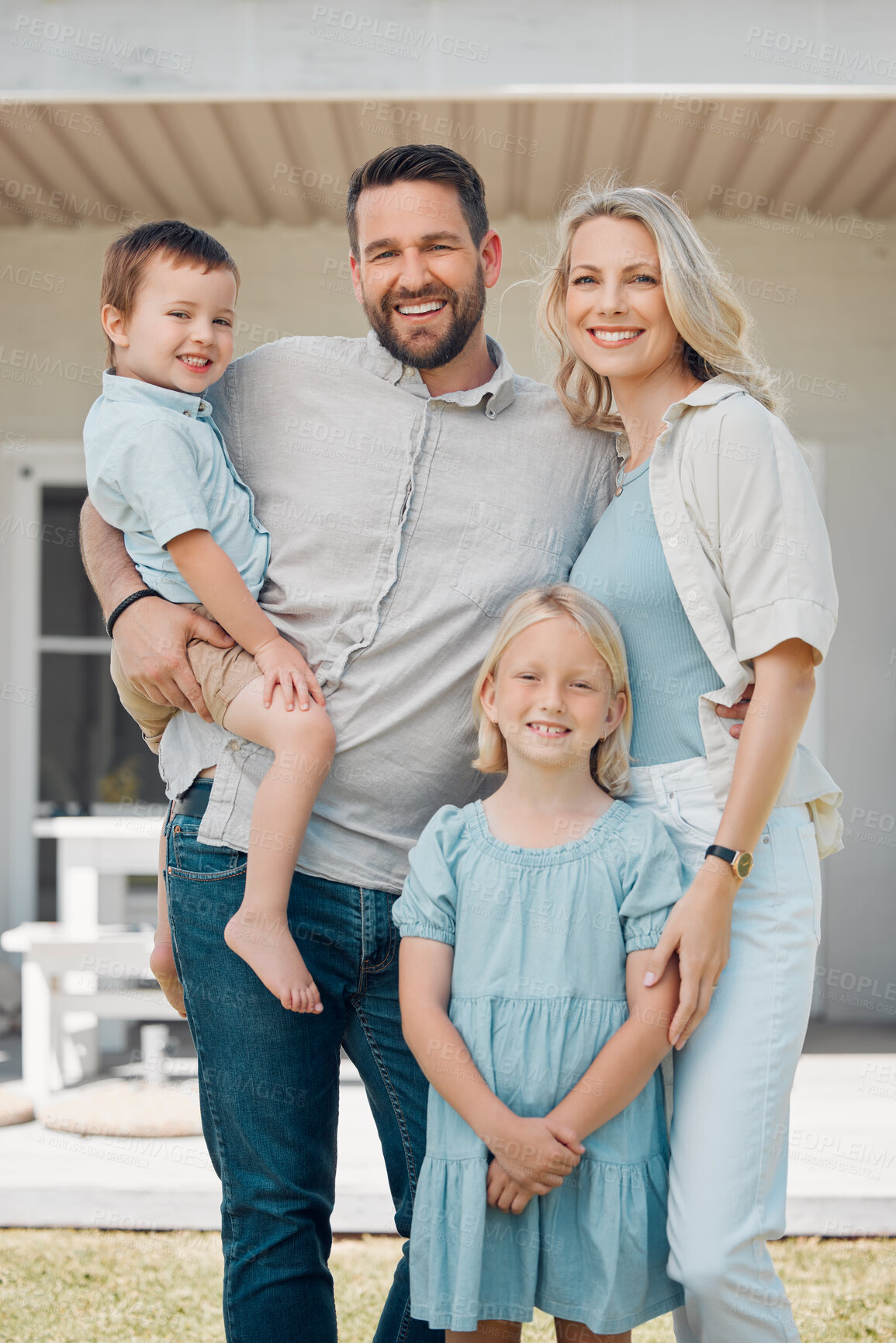 Buy stock photo Portrait, family and smile in home outdoor for day off, bonding and support with care. Parents, kids and happy for child development or growth with house or security with protection and love