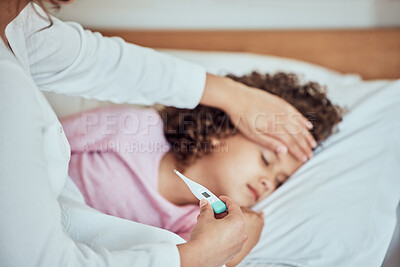 Buy stock photo Mom, sick girl and tool for fever in home, virus and monitor temperature for covid infection. Mother, daughter and childcare for cold or flu in bedroom, thermometer and symptoms of sinus bacteria