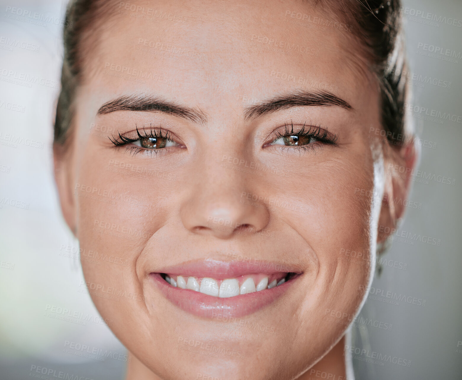 Buy stock photo Woman, happy and portrait for teeth whitening and hygiene at dentist with pride for oral wellness. Female person, smile and dental care or cosmetic treatment and results for orthodontics in clinic 