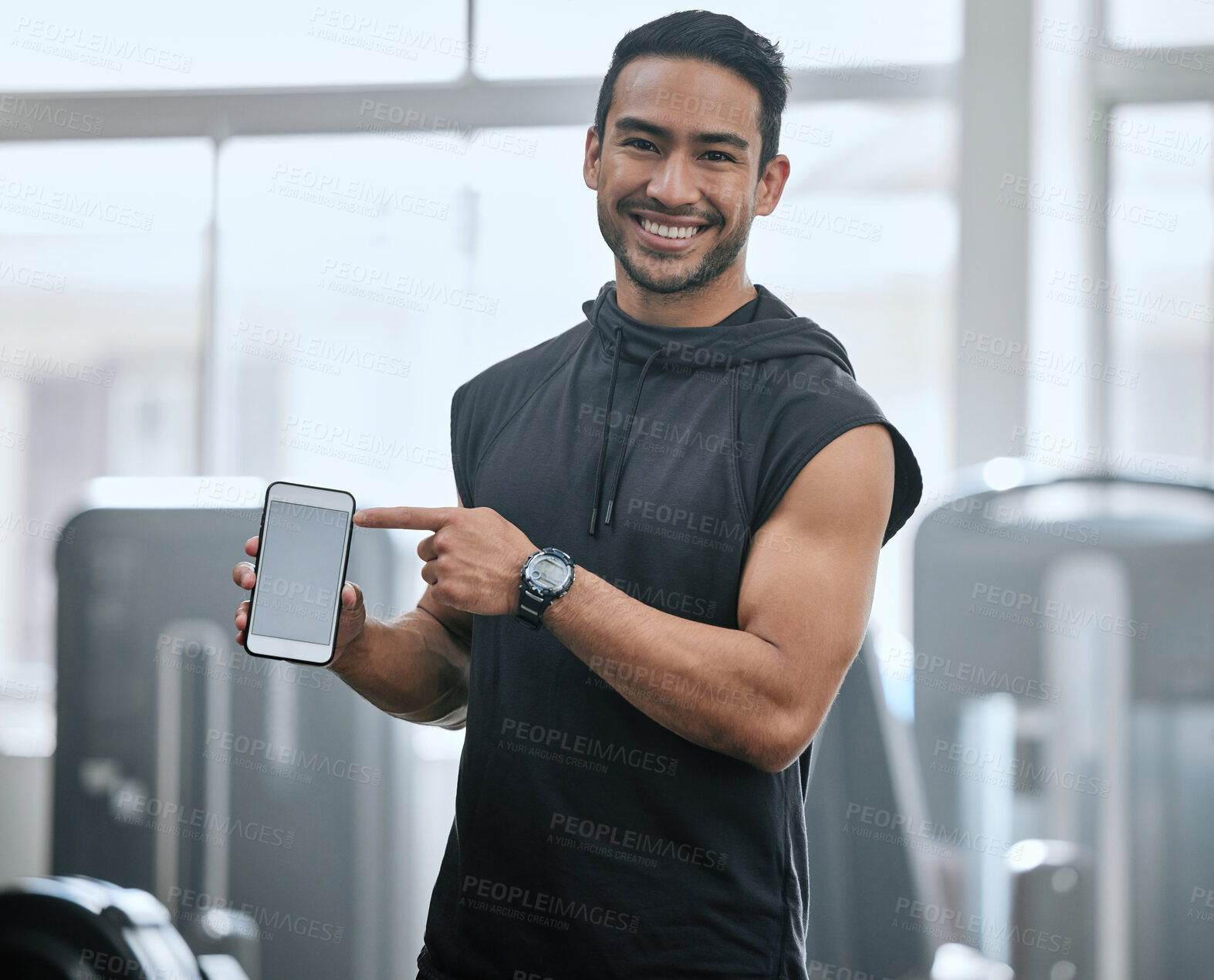 Buy stock photo Portrait, screen and man with cellphone in gym, athlete and ready for workout, fitness and training. Health club, guy and routine of exercise in morning, ambition and preparing of competition