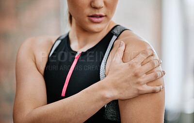 Buy stock photo Girl, hand and shoulder pain in gym for muscle strain, inflammation or fibromyalgia in fitness exercise. Sports injury, woman or hurt arm in accident with dislocated joint bruise, sprain or tension