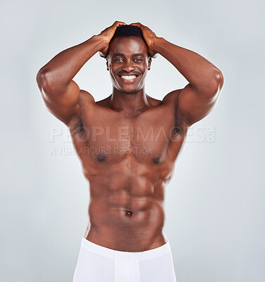 Buy stock photo Studio, fitness and portrait of black man in underwear with smile, confidence and health progress. Body, pride and happy male model with muscle development, growth and self care on white background