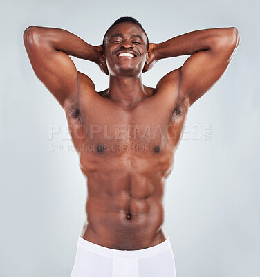 Buy stock photo Studio, bodybuilder and black man in underwear with confidence, fitness progress and smile. Body, pride and happy male model with muscle development, growth and self care results on white background