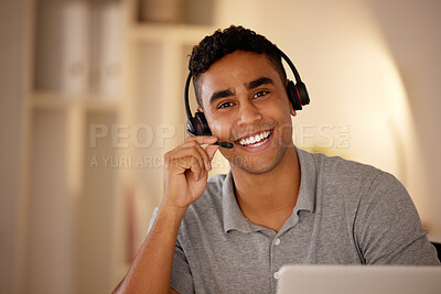 Buy stock photo Night, call center and portrait of man in office with smile for technical support on insurance policies. Headset, contact us and customer service consultant with online crm communication in workplace