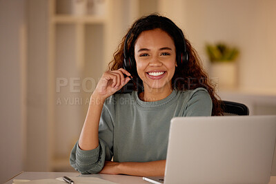 Buy stock photo Laptop, call center and portrait of woman in office at night for technical support on insurance policies. Headset, contact and customer service consultant with online crm communication in workplace.