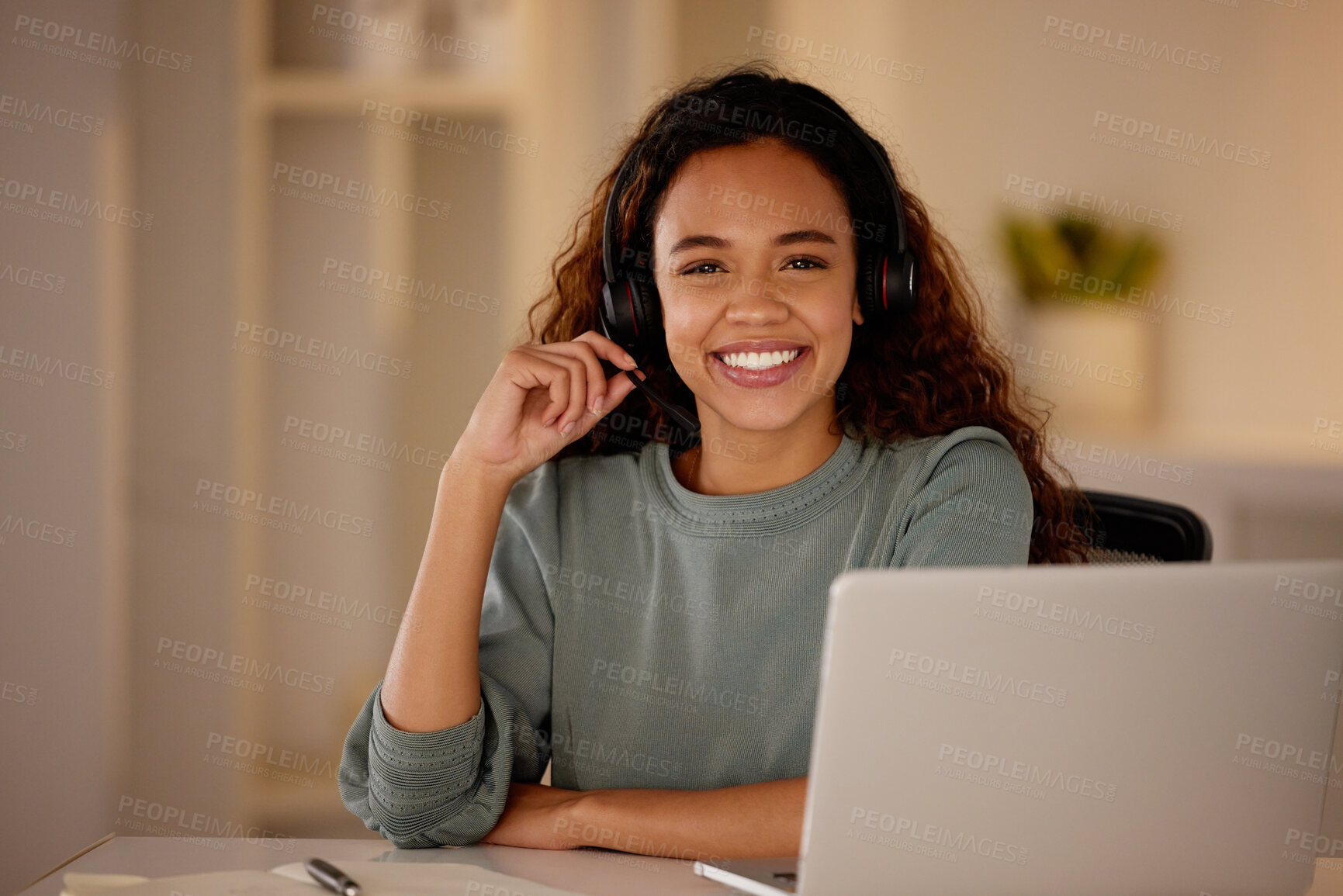 Buy stock photo Laptop, call center and portrait of woman in office at night for technical support on insurance policies. Headset, contact and customer service consultant with online crm communication in workplace.