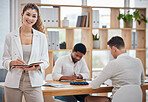 Proud, portrait and professional taking notes in the office.  Assertive, friendly and working lady in corporate company. Writing, feedback and team manager or strategy at business meeting with ceo.