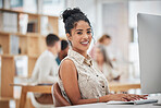 Marketing agent with computer typing, browsing social media or searching online while excited about new job opportunity. Portrait of smiling or motivated creative working on startup website in office