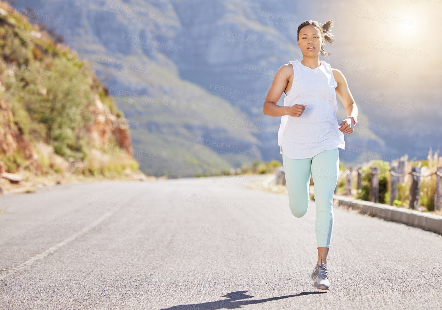 Buy stock photo Woman. running and portrait in outdoor for fitness, or training, exercise and physical cardio for marathon. Female athlete, runner and practice for race on road, serious and endurance for workout.