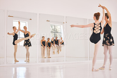 Buy stock photo Mirror, ballerina and teacher with student in class for training, stretching or creative performance. Reflection, ballet instructor or happy woman with girl for dance, learning or teen practice art