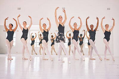 Buy stock photo Dancing, woman and girls in class, ballet and teaching of sport to students, grace and practice. Training, creative and dancer with performance, teacher and academy for talent and coaching in school