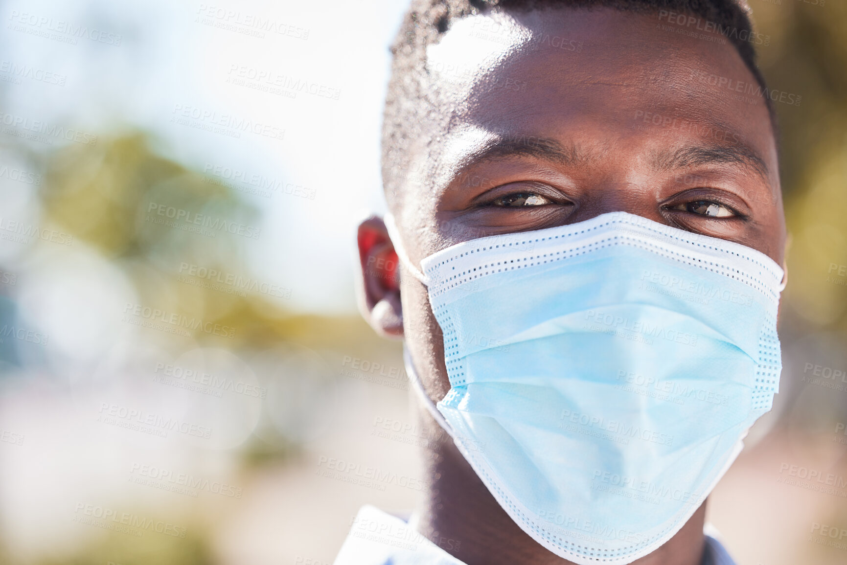 Buy stock photo Confident, mask and portrait of business man outdoor in park for morning commute to work. Cover, covid and face of professional African employee in city as pedestrian for safe travel closeup