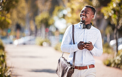 Buy stock photo Black man, phone directions and outdoor for journey, walking and online for conversation. Male person, professional and city for commute, app and email business contact on sidewalk for networking