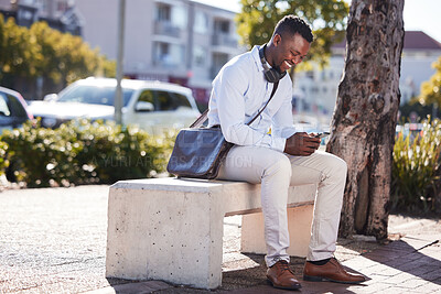 Buy stock photo Black man, phone and outdoor for networking, conversation and website for information on commute. Male person, professional and city for journey, app and email business contact in town for texting