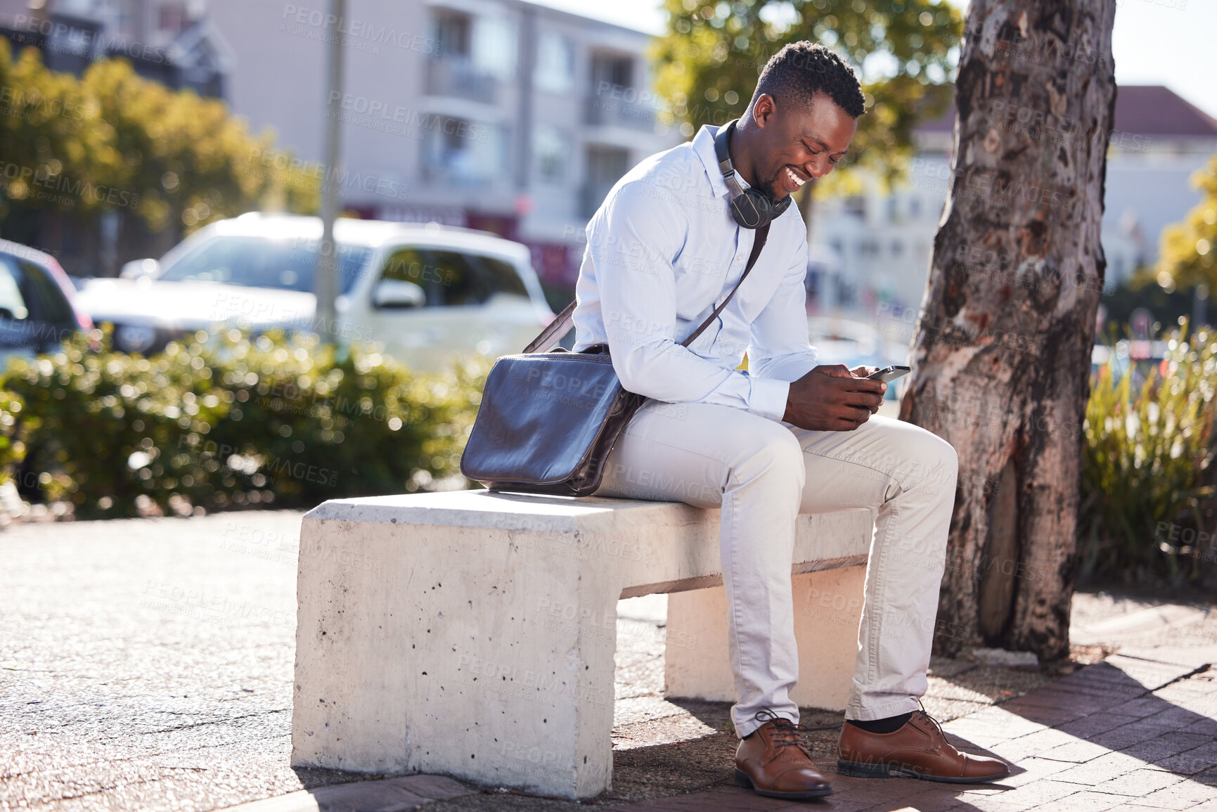 Buy stock photo Black man, phone and outdoor for networking, conversation and website for information on commute. Male person, professional and city for journey, app and email business contact in town for texting