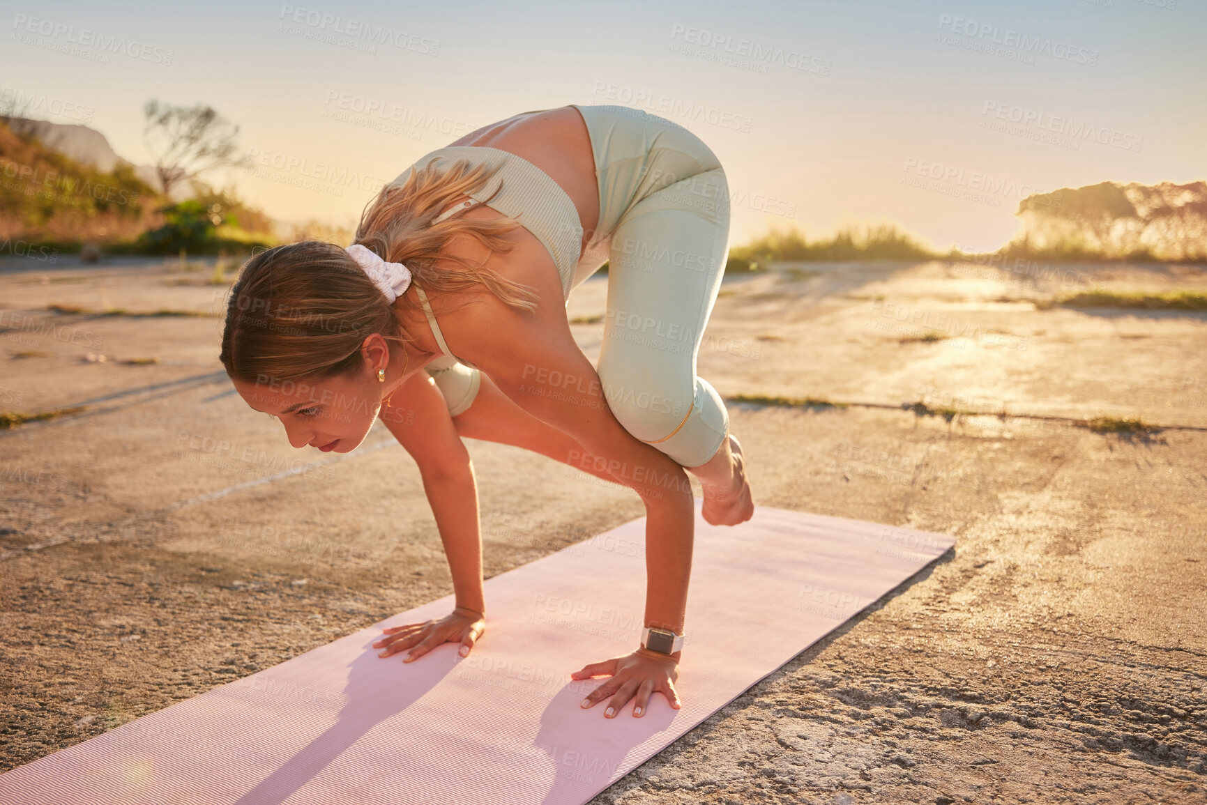 Buy stock photo Woman, fitness and stretching for yoga outdoor with crow pose for body balance, arm exercise and flexibility. Active, person and pilates training for coordination, core progress and performance