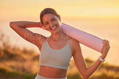 Buy stock photo Portrait, happy woman and yoga mat at sunset in nature for exercise, fitness or body health. Relax, pilates and girl with equipment outdoor to practice peace, calm or laugh for wellness on womens day