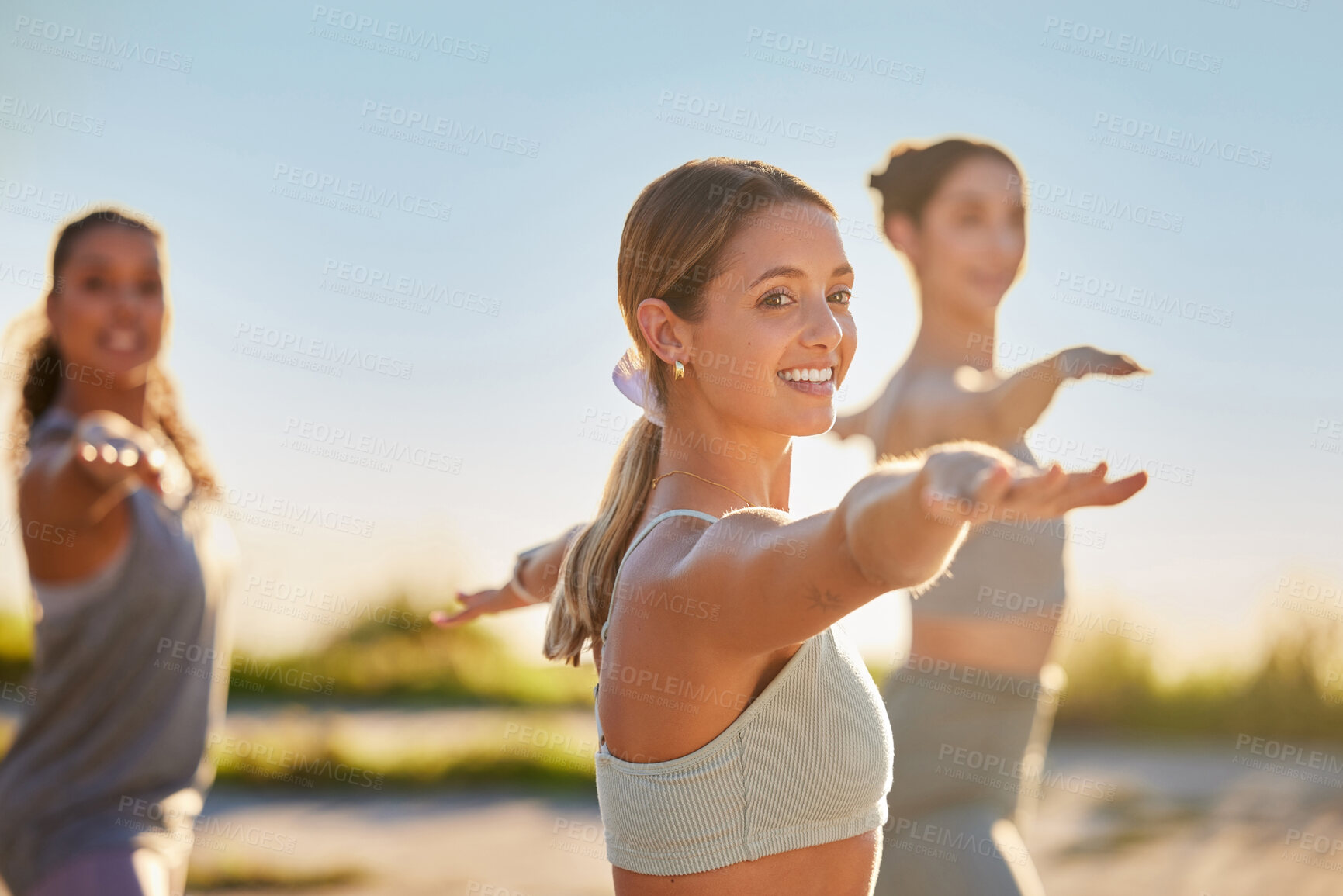 Buy stock photo Group, people and stretching for yoga outdoor on mat for fitness training, body balance and muscle development. Women, pilates and exercise for flexible, coaching class or warrior pose of mindfulness