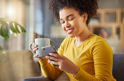 Buy stock photo Phone, coffee and happy woman on sofa with social media, internet inspiration and search for home ideas. Drink, tea and relax, young or african person on mobile app for communication or chat on couch