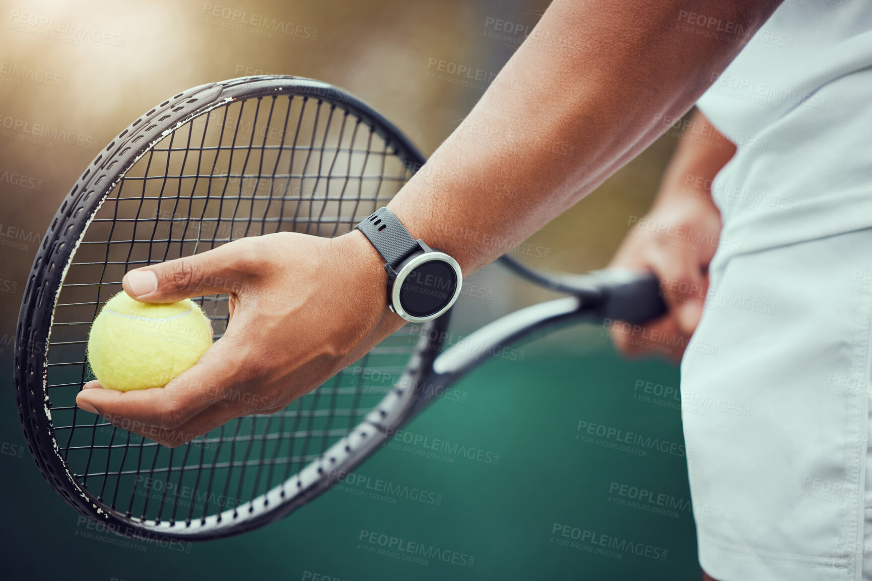 Buy stock photo Court, racket and tennis with hands for game, competition and challenge outdoor for professional match. Sports, athlete person or sportsman with ball, equipment and training with motivation for serve