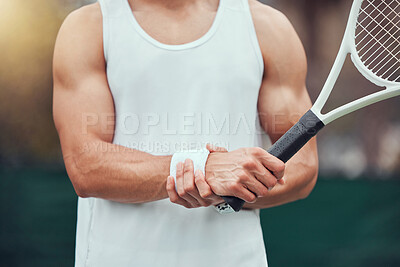 Buy stock photo Racket, hand and pain of man in tennis court, sports injury and inflammation of strain muscle for player. Wellness, athlete person and sore wrist with hurt for game, fibromyalgia and match accident