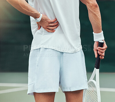 Buy stock photo Tennis, man and back pain from court accident, muscle ache and inflammation with medical problem. Workout, exercise and match training with spine and joint issue outdoor with fitness and bruise