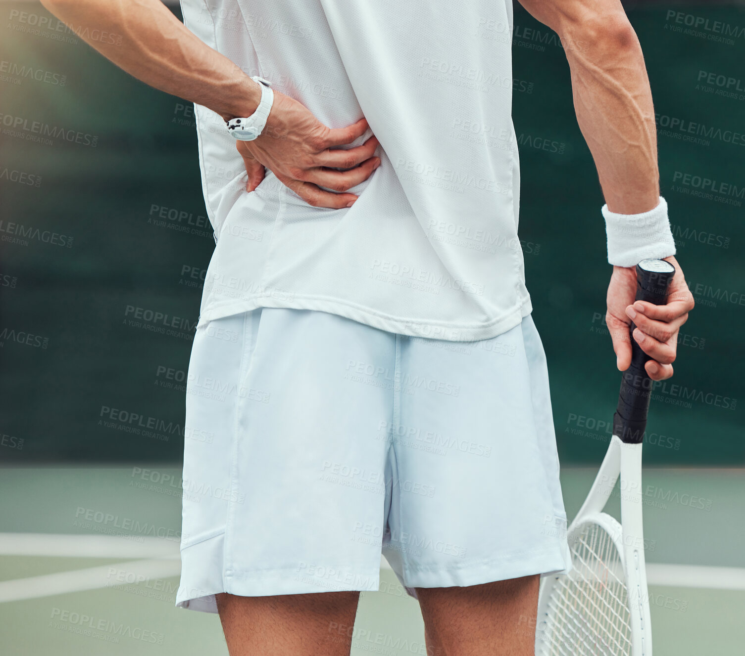 Buy stock photo Tennis, man and back pain from court accident, muscle ache and inflammation with medical problem. Workout, exercise and match training with spine and joint issue outdoor with fitness and bruise