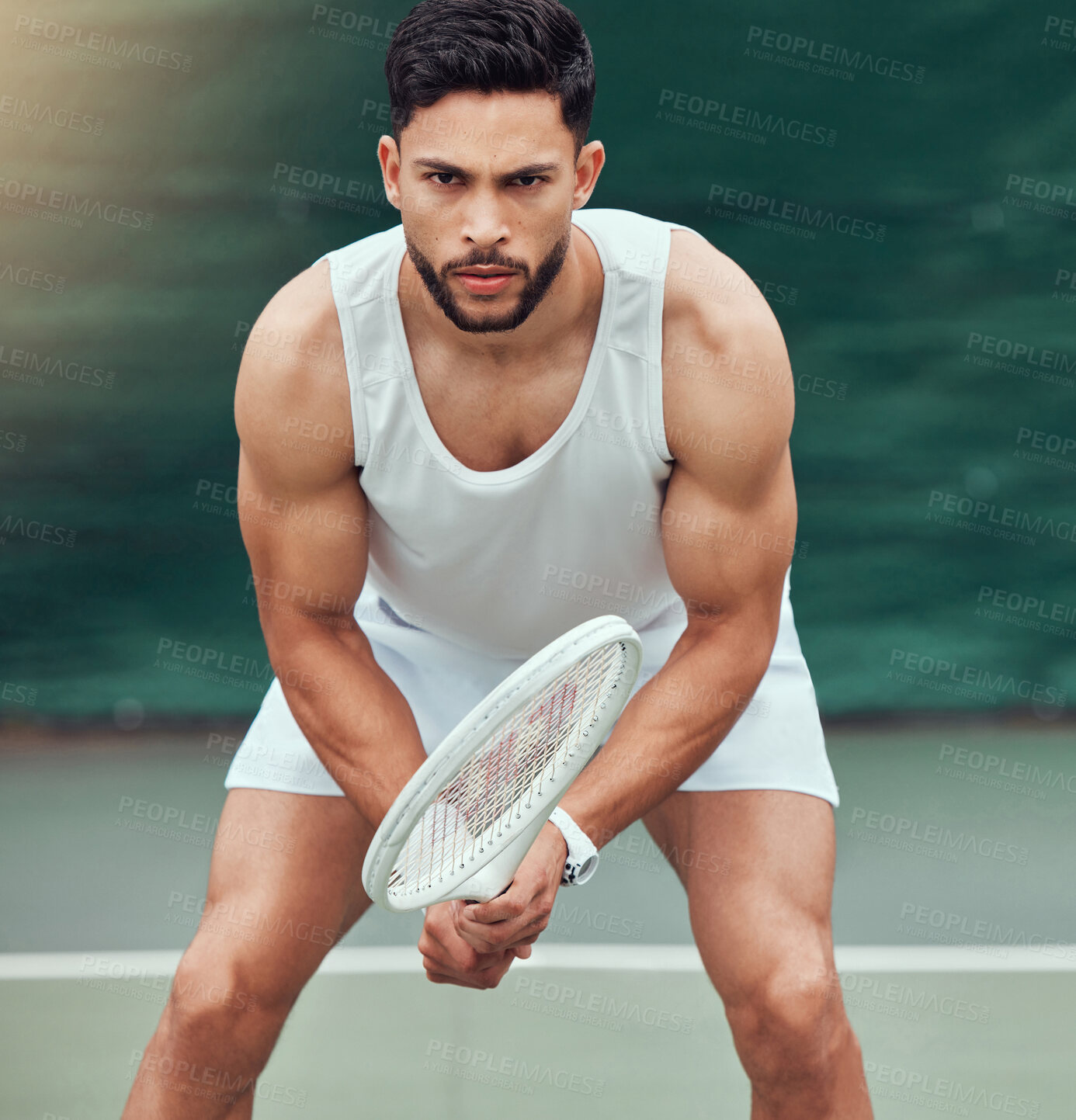 Buy stock photo Portrait, tennis and man with racket, serious and ready for match with stance, court and fitness for sports. Outdoor, playing and game for person, muscle and competition for performance in field