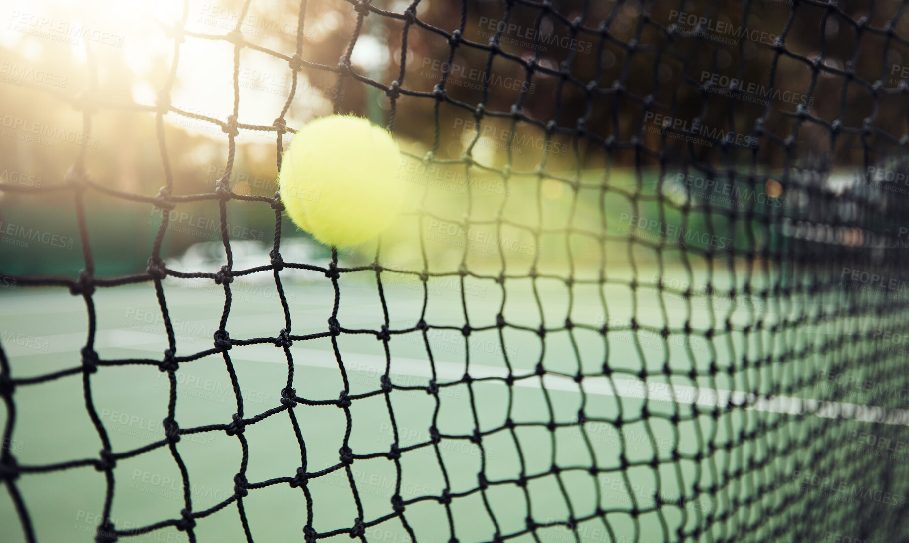 Buy stock photo Tennis, court and ball with motion to net for sports match, competition and speed of movement. Outdoor, practice and nature with fiber texture of equipment for game, impact and tournament in Paris