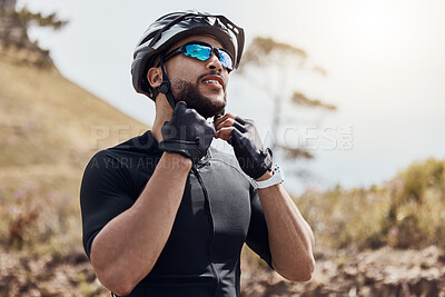 Buy stock photo Man, outdoor or hand for helmet with cycling or thinking, fitness goal or idea for sport safety. Male cyclist, gear or sunglasses for security with workout or planning, ride in countryside for health