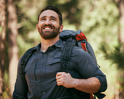 Buy stock photo Hiking, backpack and man in nature with gratitude from trekking, fitness and rainforest adventure, Happy, smile and journey with bag and travel on eco friendly holiday outdoor with trip and thinking