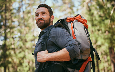 Buy stock photo Hiking, backpack and man in nature with thinking from trekking, fitness and rainforest adventure, Happy, smile and journey with bag and travel on eco friendly holiday outdoor with trip and gratitude