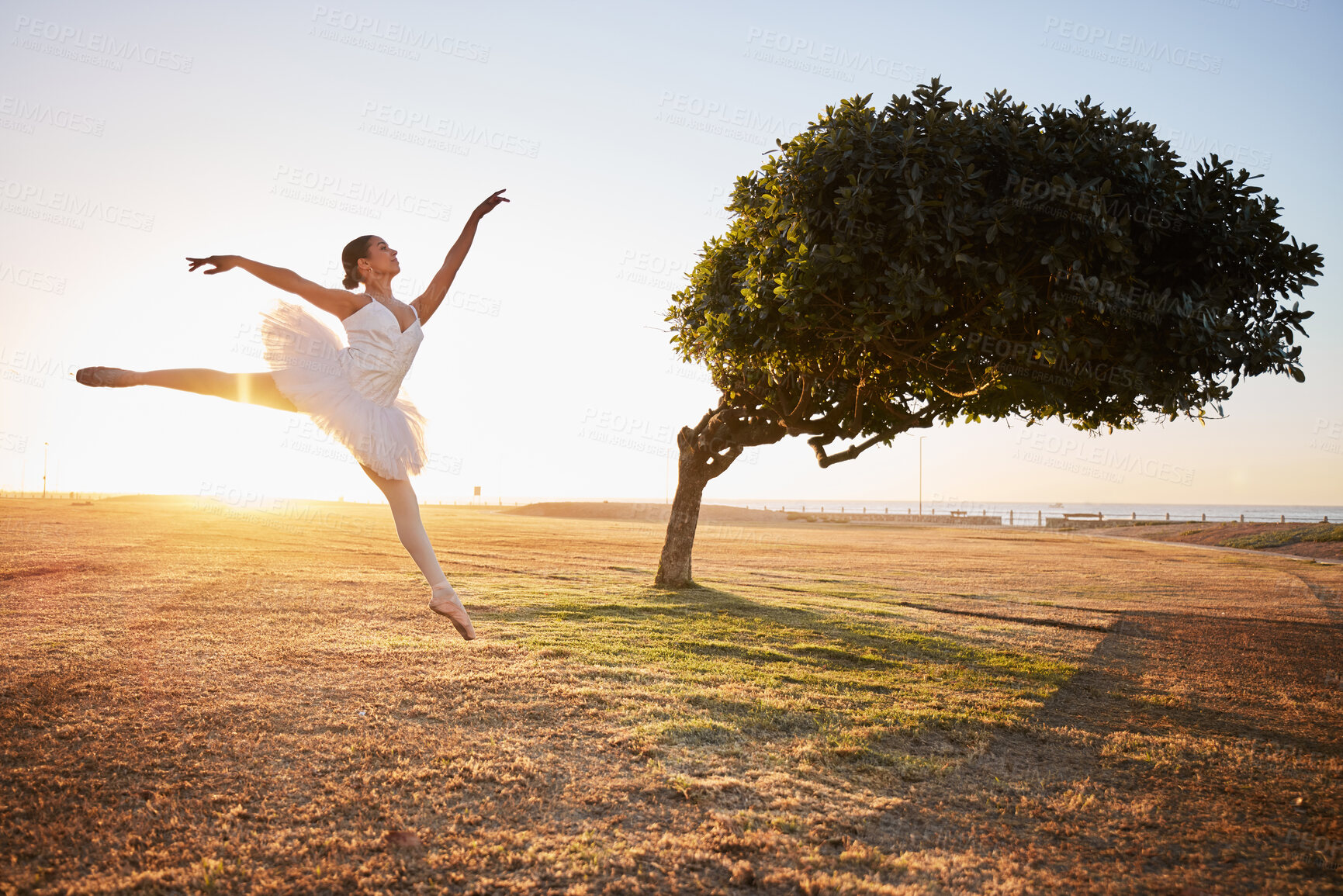 Buy stock photo Ballet, jumping and woman in nature for dance, creative and freedom with energy, park and balance. Ballerina, moving and fitness outdoor by garden for aesthetic, performance and exercise as artist