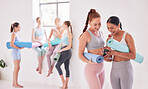 Friends looking at an online app on a cellphone. Friends bonding before yoga class. Women using a smartphone before pilates exercise. Cheerful friends talking before yoga class in the studio