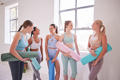 Buy stock photo Relax, talking and friends in studio of yoga class together for bonding, conversation or fitness. Break, exercise or pilates and women with mats in health club for balance, chatting or wellness