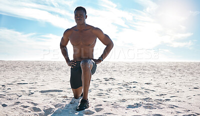 Buy stock photo Beach, black man and fitness with lunges, stretching or cardio with workout, flexibility or exercise. Outdoor, African person or bodybuilder with routine, seaside or health with athlete or wellness