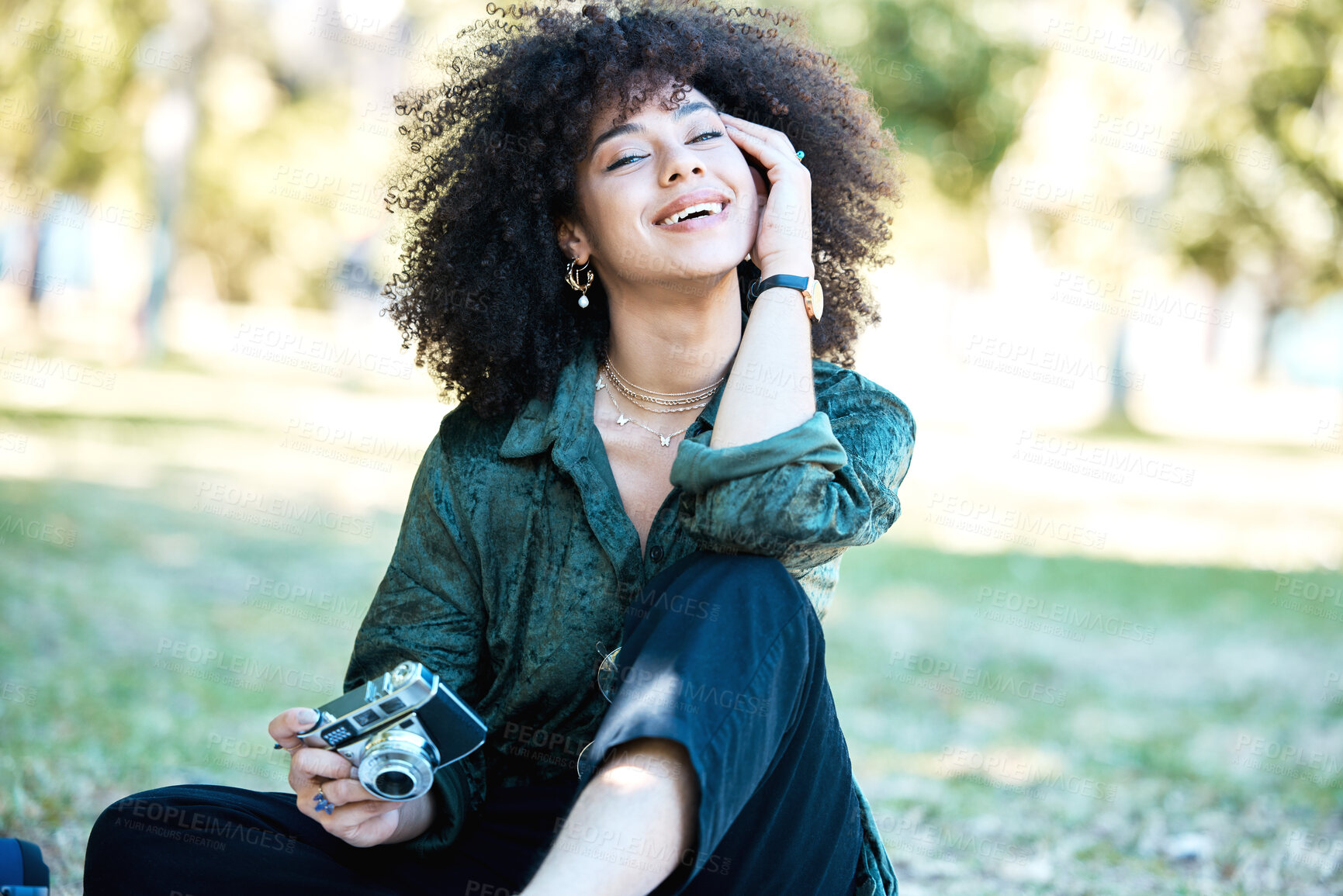 Buy stock photo Woman, park and happy with digital camera for photography or memories on picnic for break. Female person, portrait and smile as photographer on summer holiday or vacation as tourist in Brazil