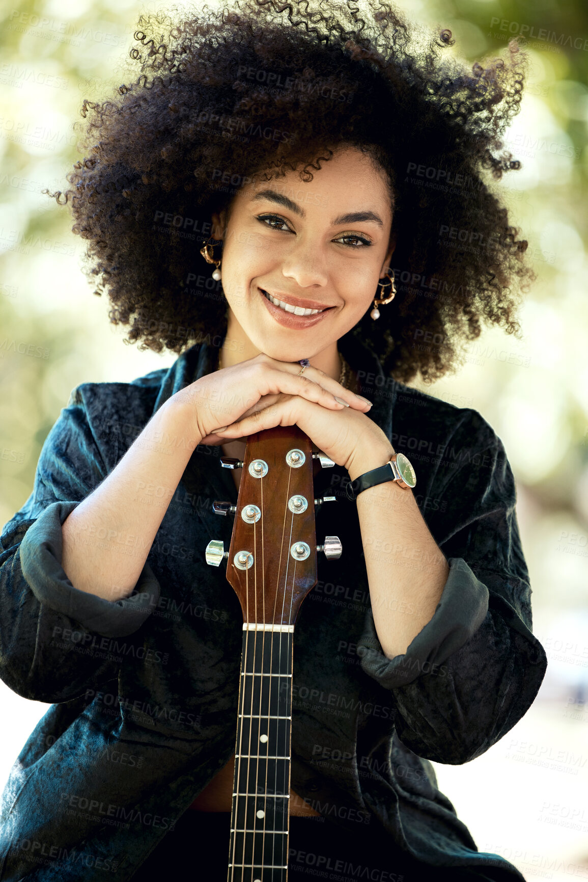 Buy stock photo Portrait, musician and happy woman with guitar in outdoor park for music performance, busking or learning song. Artist, smile and person with string instrument for hobby, acoustic or relax in nature