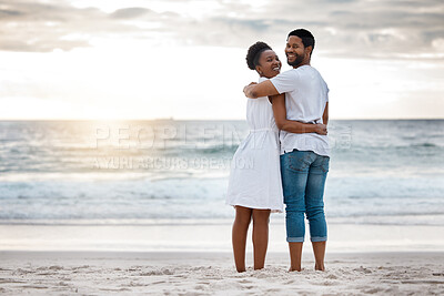 Buy stock photo Sunset, black couple and hug with beach portrait, fun or celebrating together for anniversary. Vacation, honeymoon and people with romance, travel and marriage on summer holiday and Miami ocean