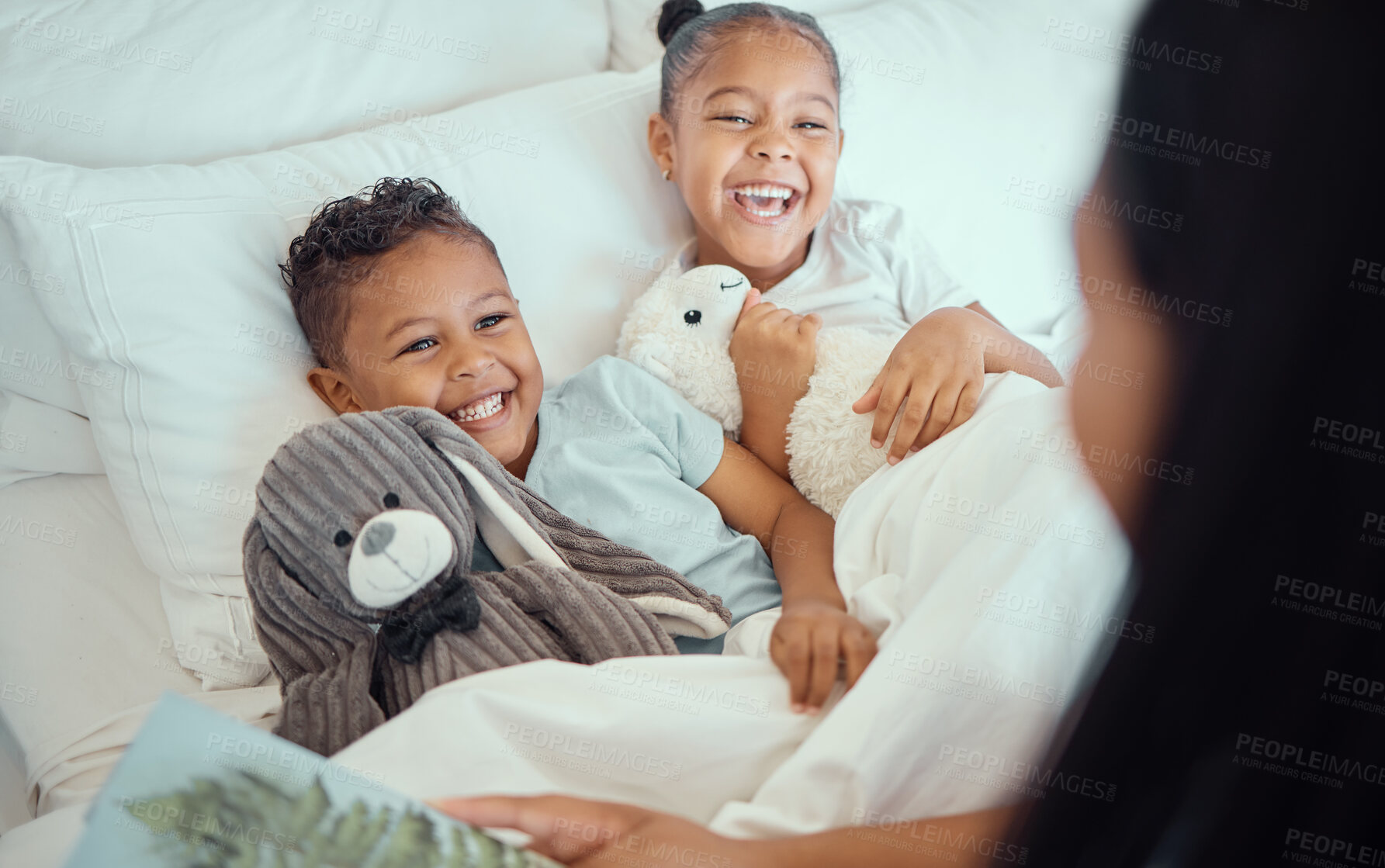 Buy stock photo Mom, reading book and children in bed for happy learning, knowledge and bonding together in home. Excited, kids and mother with bedtime storytelling for fantasy novel, love and care with teddy bear