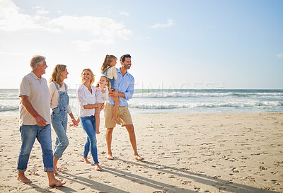 Buy stock photo Travel, happy and big family walking on beach on summer vacation, journey and getaway for bonding on spring break. Grandparents, parents and children by ocean water with love, adventure and wellness.