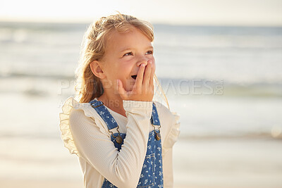 Buy stock photo Shocked, wow and girl with beach vacation, holiday and surprise for Miami seaside trip. Child, outdoor and nature with kid, travel and ocean for summer break with weekend and happy omg gesture