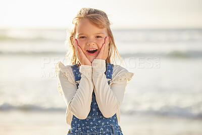 Buy stock photo Surprise, girl, portrait of child at beach with smile for summer break, holiday or weekend trip to Florida. Nature, gesture and kid with hands on face by ocean for happiness, vacation or shocked