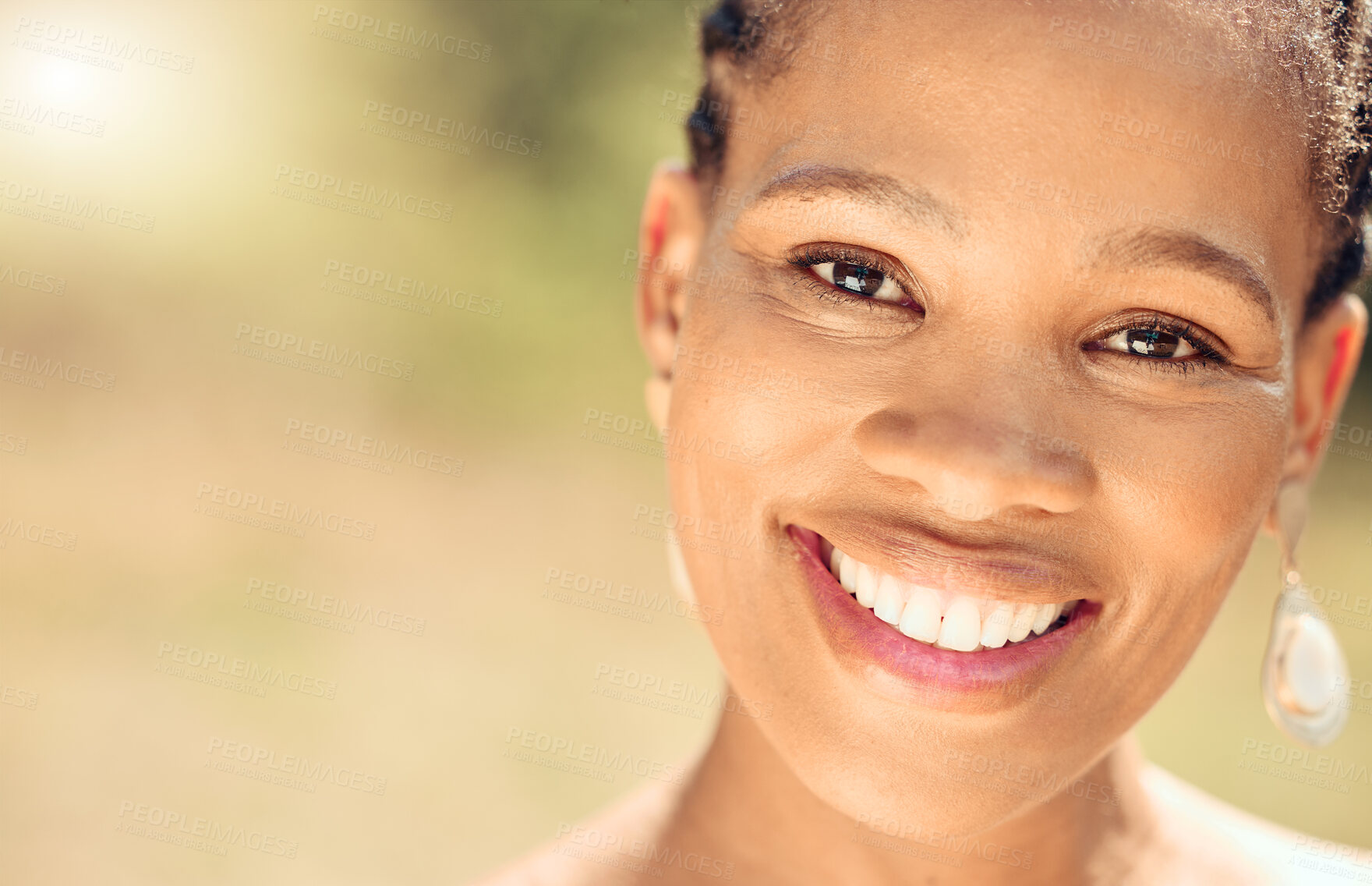 Buy stock photo Closeup, smile and black woman in portrait for dental, teeth whitening and oral hygiene for wellness. Mockup space, tooth implant and female person with self care, orthodontics and wellbeing results