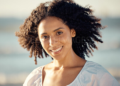 Buy stock photo Travel, happy and woman with portrait on beach for sunshine, journey and serenity with paradise or fresh air. Girl, outdoor and adventure for summer holiday by ocean in New Zealand for peace or break